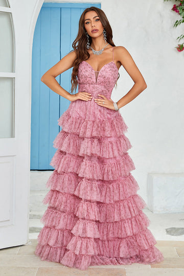 Spaghetti Straps Layered Tulle Formal Dress with Floral Printed
